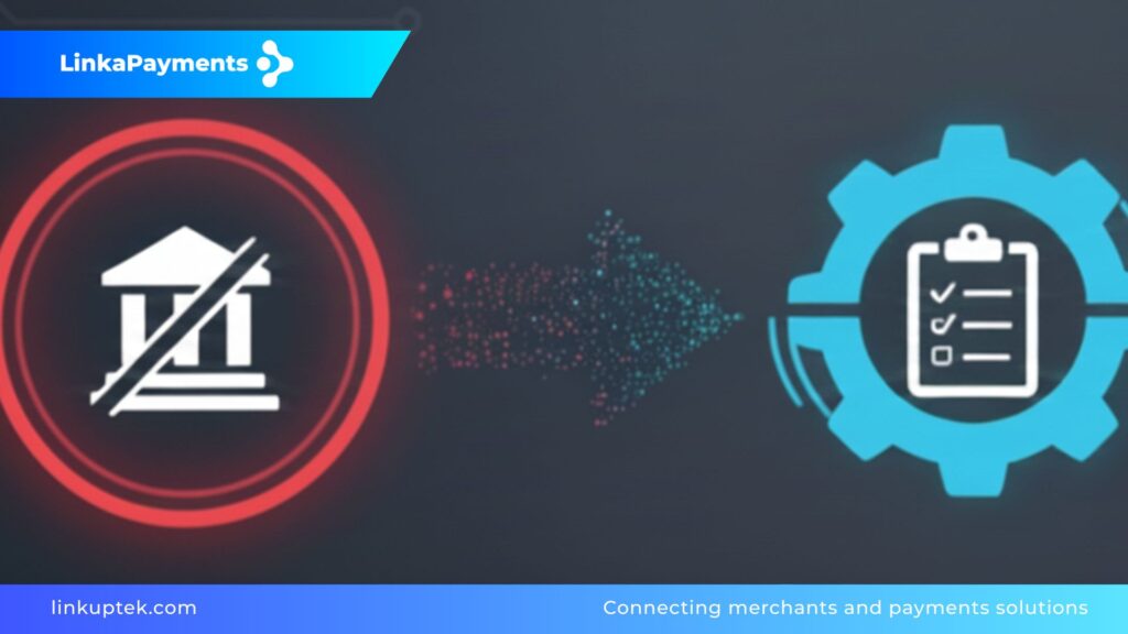 elementos de interfaces financieras modernas, nodos de red y un botón de aprobación brillante sobre un fondo azul corporativo limpio. Representa la agilidad, el control y la eficiencia en el proceso de apertura de cuentas para comercios de alto riesgo.