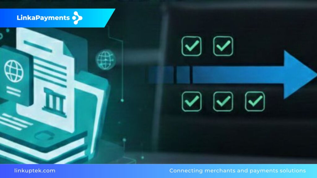 Infografía técnica de la checklist de onboarding para comercios high-risk, detallando los requisitos de KYC, KYB y cumplimiento operativo para aprobación de MID