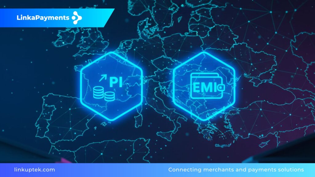Ilustración digital profesional que muestra un mapa de la Unión Europea formado por nodos y conexiones de datos brillantes. En primer plano, se visualizan iconos de seguridad y transacciones digitales sobre un fondo azul oscuro corporativo, representando el marco regulatorio de las licencias PI y EMI para proveedores de pagos.