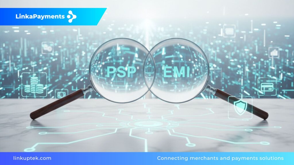 La imagen utiliza el juego de luces y transparencia para simbolizar la claridad estratégica y la distinción entre los modelos de pago PSP y EMI para mercados de alto riesgo