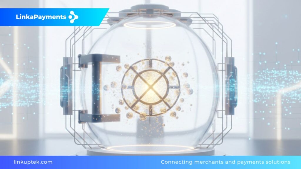 Ilustración 3D de una esfera acorazada de cristal que protege partículas doradas (fondos de clientes), representando una cuenta de salvaguarda protegida y aislada del entorno operativo