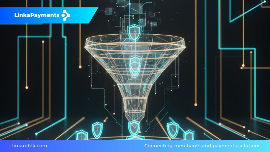 Representación abstracta en 3D de un embudo de conversión digital con elementos de seguridad y circuitos de datos, simbolizando el proceso de captación estratégica de merchants de alto riesgo en un entorno fintech