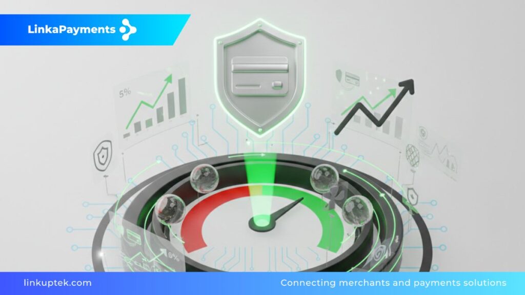 Panel de control financiero 3D que muestra un indicador de salud de cuenta en verde y un escudo protector, simbolizando la prevención de cierres de cuentas de merchant.
