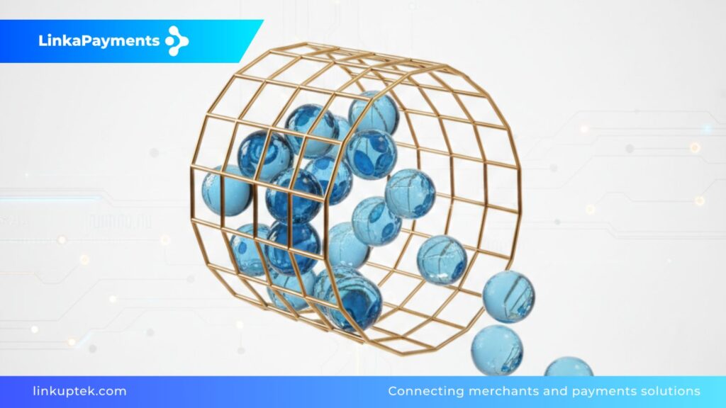 Ilustración abstracta de esferas de cristal azul (capital) dentro de una estructura geométrica dorada, simbolizando la gestión y liberación de reservas de garantía y fondos bloqueados en el sector fintech