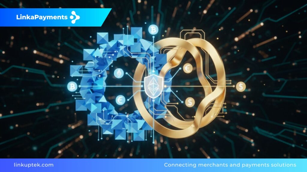 Composición digital abstracta que muestra la conexión entre activos criptográficos (en azul) y moneda fíat (en oro), representando un flujo de liquidación seguro y trazable sobre un fondo tecnológico oscuro.