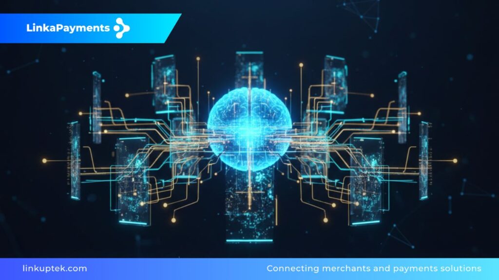 Diagrama conceptual 3D de un núcleo de orquestación de pagos distribuyendo flujos de datos dorados y azules hacia múltiples nodos seguros, representando una arquitectura multi-acquirer de alta disponibilidad para empresas fintech.