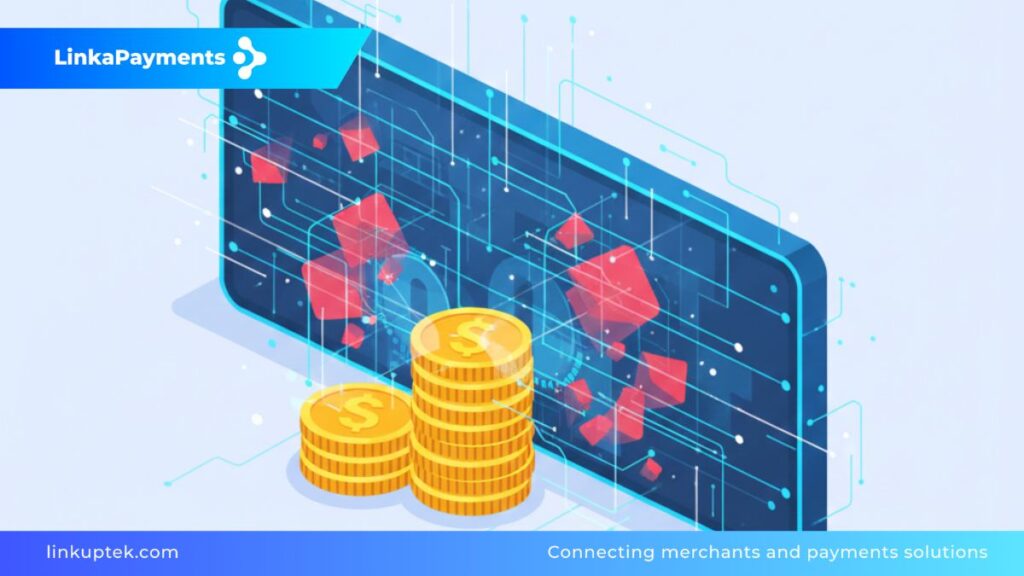 Ilustración 3D de alta tecnología que muestra un núcleo de datos central protegido por múltiples capas de anillos digitales concéntricos y nodos interconectados. El diseño, en tonos azul marino, cian y dorado, representa una arquitectura de pagos robusta y blindada, simbolizando la prevención de riesgos y la estabilidad financiera para comercios de alto riesgo