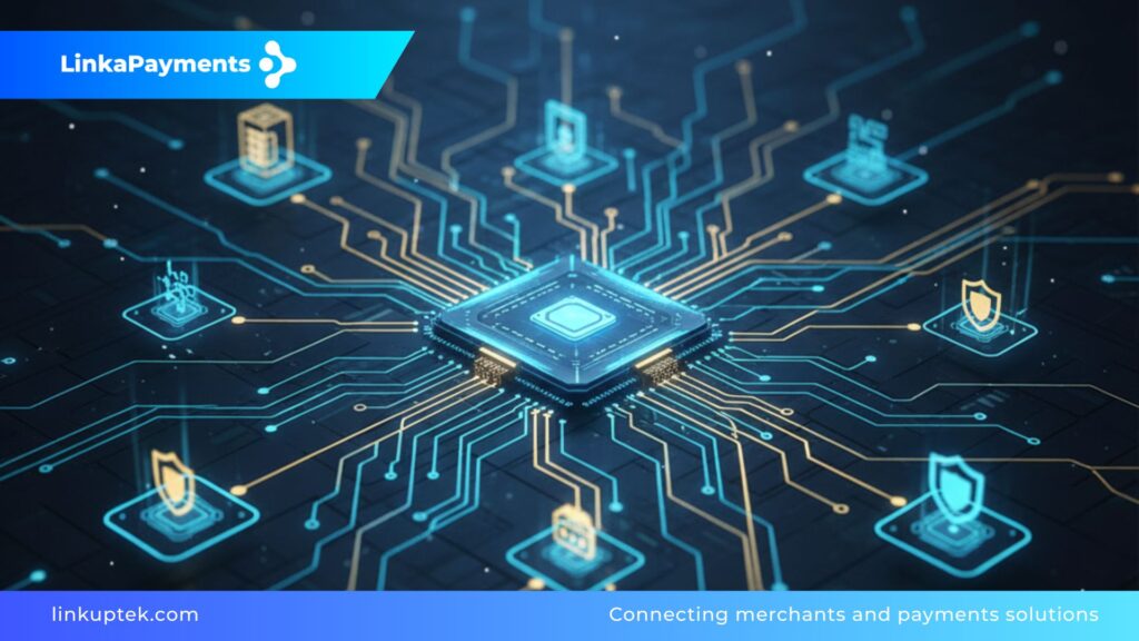 Líneas de luz azul y dorada fluyen de forma organizada desde un núcleo central hacia múltiples nodos seguros, simbolizando la eficiencia y el éxito en la aprobación de pagos digitales.