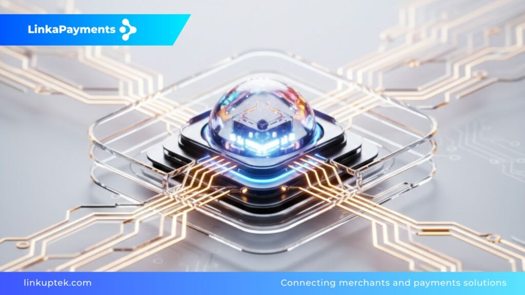 Representación digital de un núcleo de procesamiento inteligente enviando flujos de datos a través de rutas dinámicas sobre un fondo claro, simbolizando la tecnología de smart routing para pagos de alto riesgo.