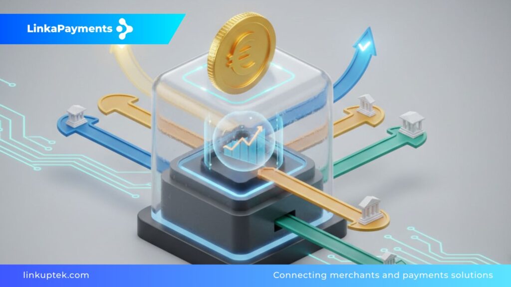 Ilustración 3D de un motor de Smart Routing procesando una moneda dorada y distribuyendo el flujo de pago a través de múltiples rutas inteligentes hacia diferentes bancos, representando eficiencia y alta tasa de aprobación.