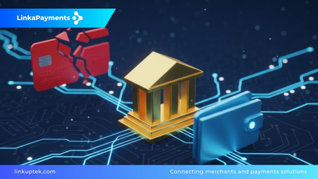 Composición digital en 3D que muestra una transición de una tarjeta bancaria fragmentada (riesgo) hacia una estructura bancaria sólida y una billetera digital, representando la estabilidad de los pagos ACH y e-checks frente a los chargebacks.