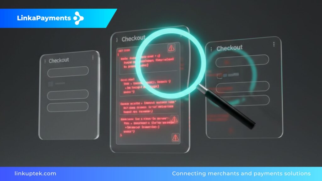 Representación 3D minimalista sobre fondo gris de una lupa digital inspeccionando paneles de cristal que simulan un flujo de pago, detectando errores de cumplimiento en color rojo.
