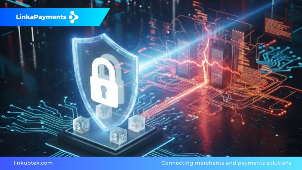 Visualización 3D de un escudo de energía protegiendo un candado digital sobre un circuito integrado, con flujos de datos rojos y azules simbolizando el aislamiento de riesgos en una estructura corporativa.