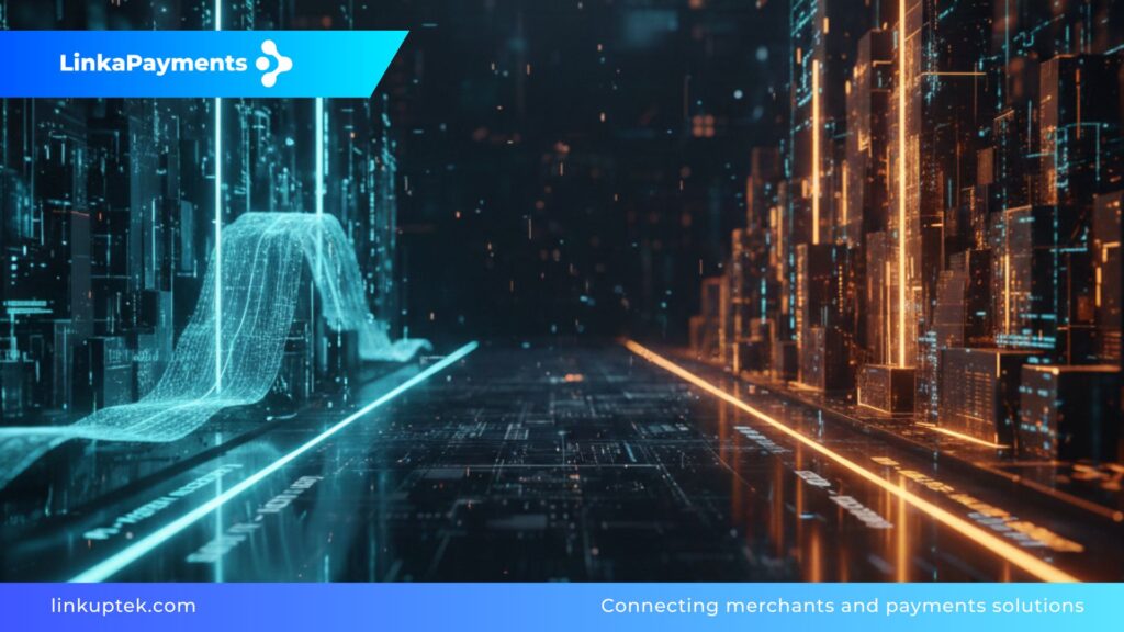 Paisaje digital futurista en 3D con dos caminos de datos paralelos en azul neón y naranja, simbolizando la divergencia estratégica y técnica entre las licencias PI y EMI.