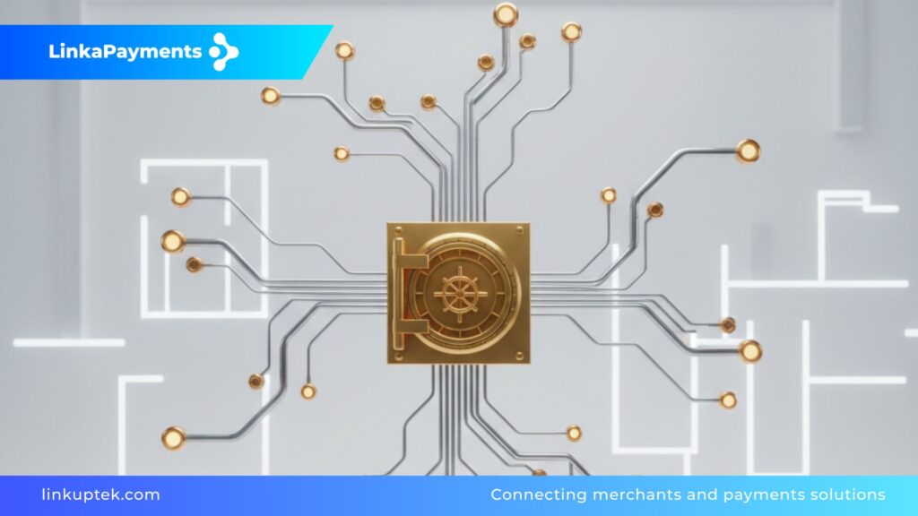 Una caja fuerte dorada central conectada a una red de circuitos tecnológicos sobre un fondo blanco minimalista, representando la seguridad y estabilidad en la selección de procesadores de pago para sectores de alto riesgo.