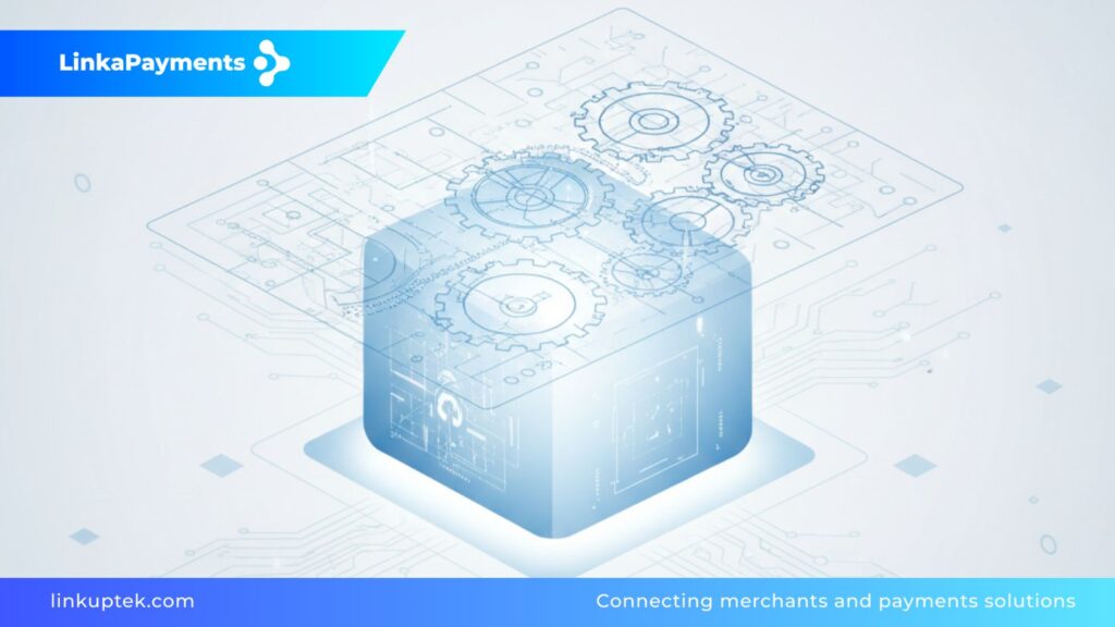 Ilustración técnica estilo blueprint en tonos azules y blancos, mostrando engranajes integrados en un bloque digital central, representando el compliance como el motor interno de las licencias fintech.