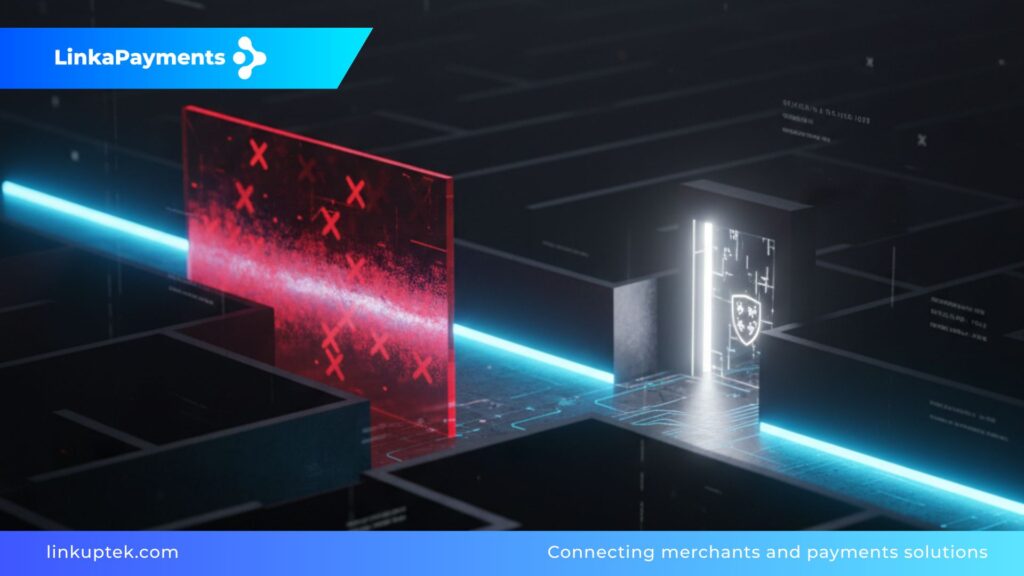 Composición 3D de un laberinto tecnológico oscuro donde una ruta es bloqueada por una barrera roja con cruces, mientras que otra es iluminada por una luz azul que conduce a una puerta de acceso segura, simbolizando el éxito en el onboarding bancario.