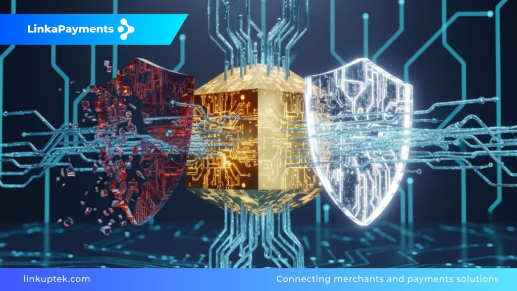 Representación digital de un núcleo de blockchain dorado que transforma un escudo rojo fragmentado (fraude y chargebacks) en un escudo de cristal sólido y protegido sobre un fondo oscuro tecnológico.