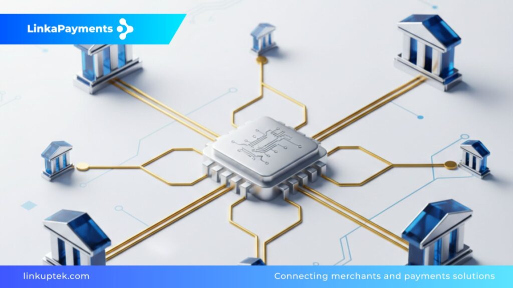Microchip central conectado mediante circuitos dorados a múltiples iconos de bancos, representando una arquitectura de orquestación de pagos multiacquirer sobre un fondo blanco tecnológico.