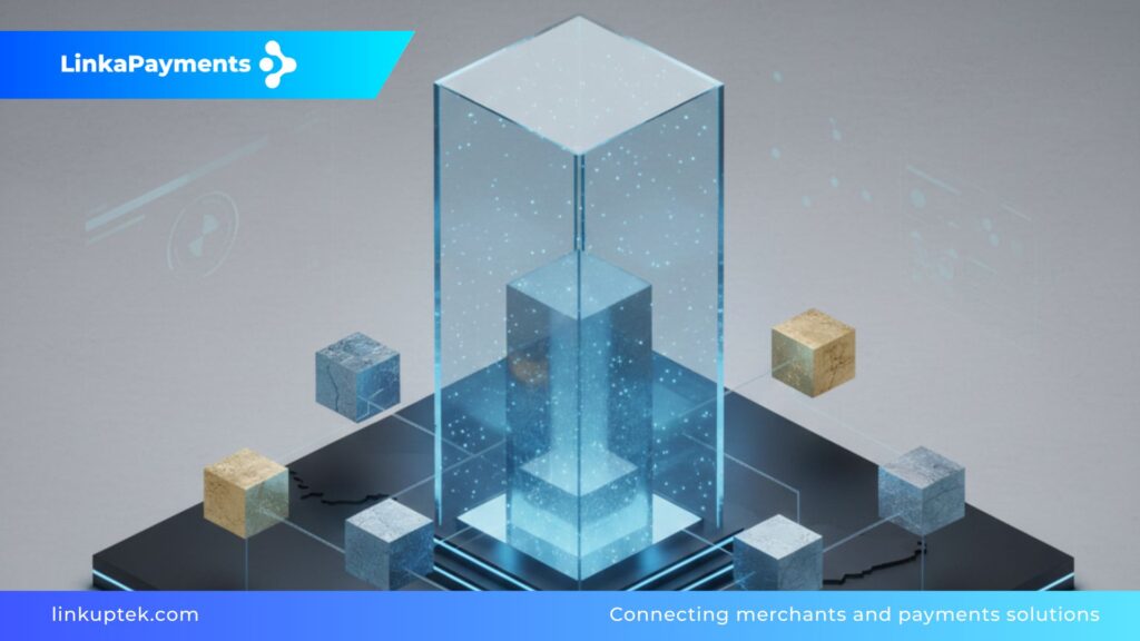 Mapa de España en 3D con una estructura de cubos de cristal interconectados y protegidos por un bloque central, representando el aislamiento de riesgos y la protección de activos mediante una holding.