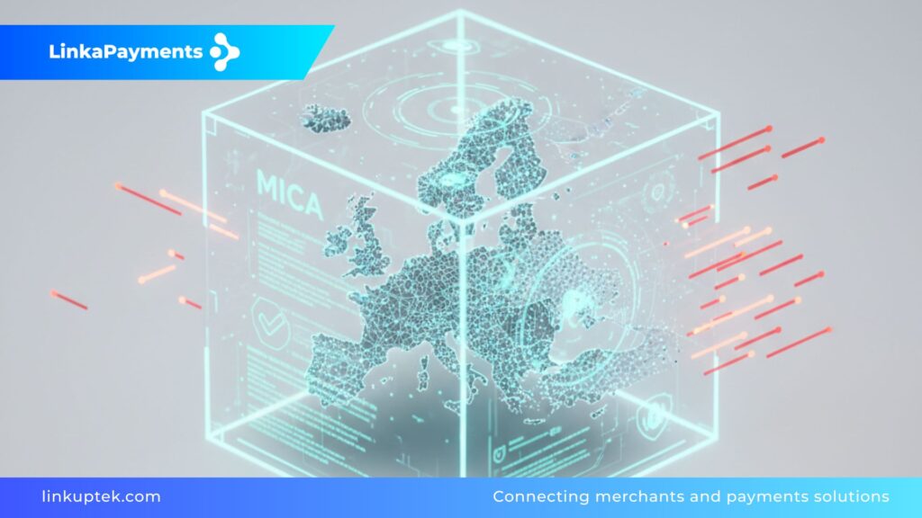 Ilustración 3D de un cubo de cristal tecnológico que contiene el mapa de Europa y datos digitales, simbolizando el marco regulatorio MiCA y la estructura de licencias CASP/VASP en un entorno claro y profesional.