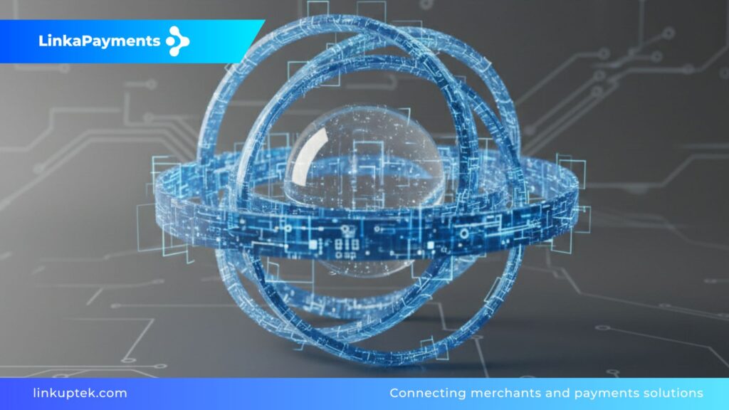 Composición 3D de una esfera de cristal protegida por anillos orbitales de circuitos integrados en azul neón, sobre un fondo gris oscuro con patrones tecnológicos, representando la protección avanzada de cuentas de pago.