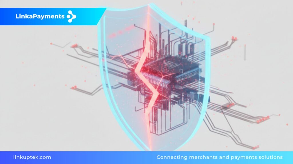 Ilustración 3D de un escudo digital de LinkA Payments con una grieta de advertencia roja y circuitos electrónicos, simbolizando la detección de fraudes y señales de alerta en procesadores de pagos de alto riesgo.