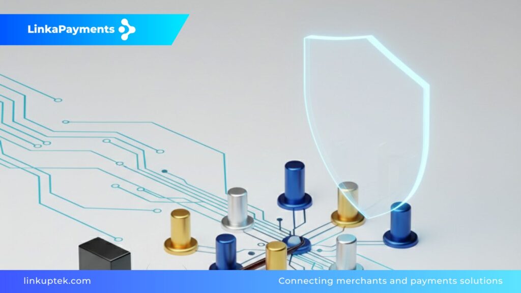 Una red de nodos tecnológicos interconectados en azul, oro y plata sobre un fondo blanco, protegidos por un escudo digital, mostrando cómo una arquitectura diversificada evita el fallo de un único procesador.