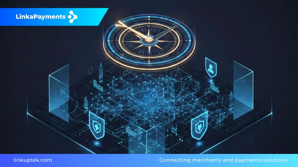 Ilustración isométrica de una brújula digital dorada sobre un mapa de datos y escudos de seguridad, representando la guía estratégica ante las nuevas regulaciones de pagos 2026-2027.