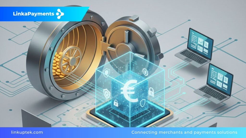 Ilustración 3D de una caja fuerte bancaria abierta con monedas de oro, conectada mediante circuitos digitales a un cubo central con el símbolo del euro y estaciones de trabajo, representando la seguridad de las cuentas de salvaguarda en EMIs sobre un fondo claro.