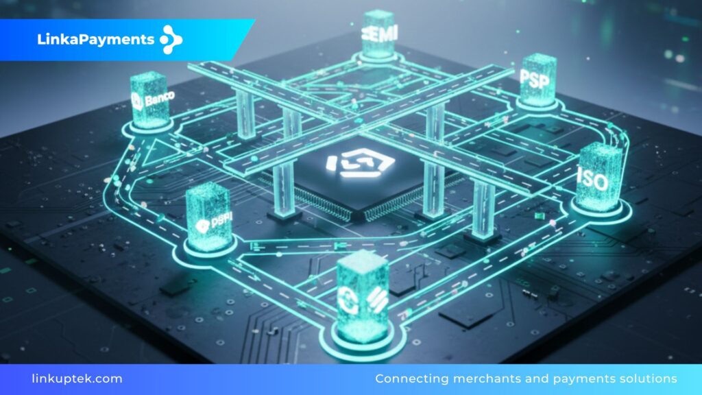 Visualización 3D de un ecosistema de pagos digital donde diferentes nodos interconectados (Banco, EMI, PI, PSP, ISO) forman una infraestructura financiera robusta sobre una placa de circuito.