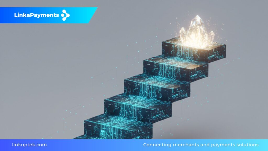 Representación 3D de una escalera ascendente con textura de circuitos integrados tecnológicos que culmina en un cristal brillante, simbolizando el crecimiento de una startup a scale-up y el éxito en rondas de inversión sobre un fondo claro.