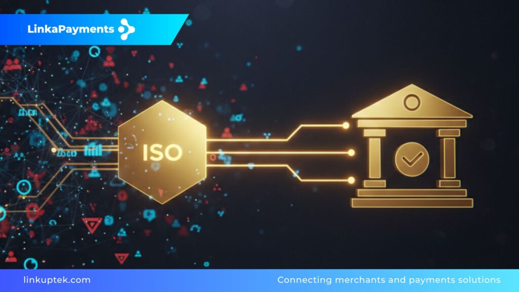 Infografía 3D de un nodo central dorado con las siglas ISO conectando a diferentes perfiles de usuarios y una entidad bancaria mediante circuitos digitales, representando la intermediación estratégica en pagos de alto riesgo.