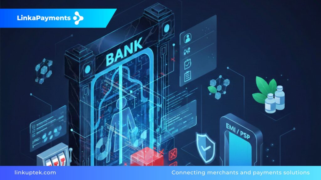 Infografía digital de LinkAPayments que muestra el flujo de un merchant a través de un escáner bancario hacia soluciones de EMI y PSP, con iconos de iGaming y Nutra, representando el proceso de onboarding estratégico.