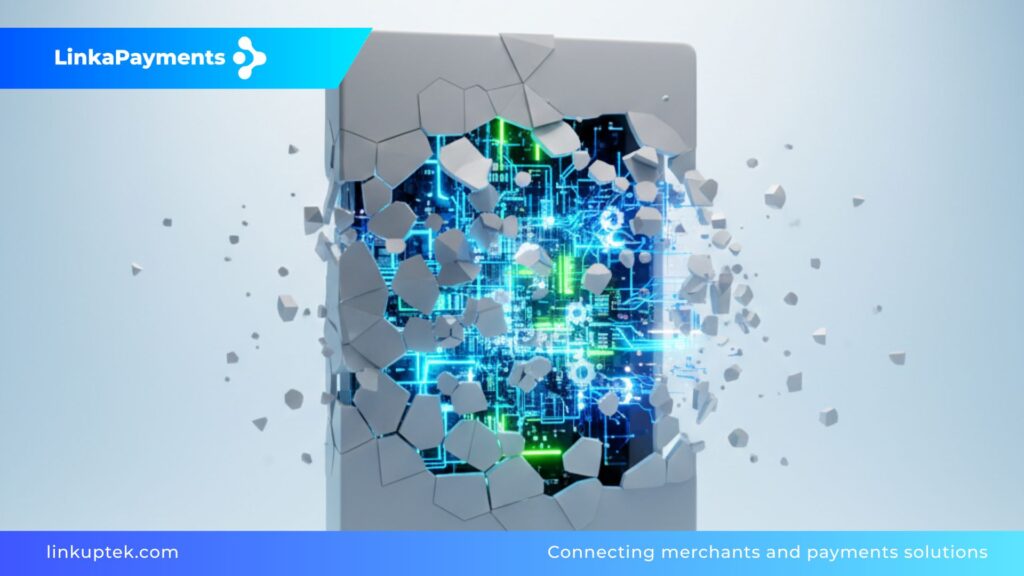 Representación 3D de una carcasa gris minimalista rompiéndose para revelar un núcleo tecnológico brillante y complejo, simbolizando el peligro del misscoding y el descubrimiento de la verdadera actividad de un negocio ante los procesadores de pago.